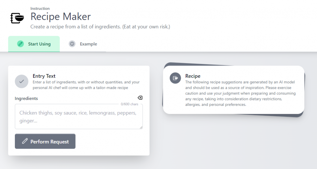 AI Recipe Maker's dashboard.
