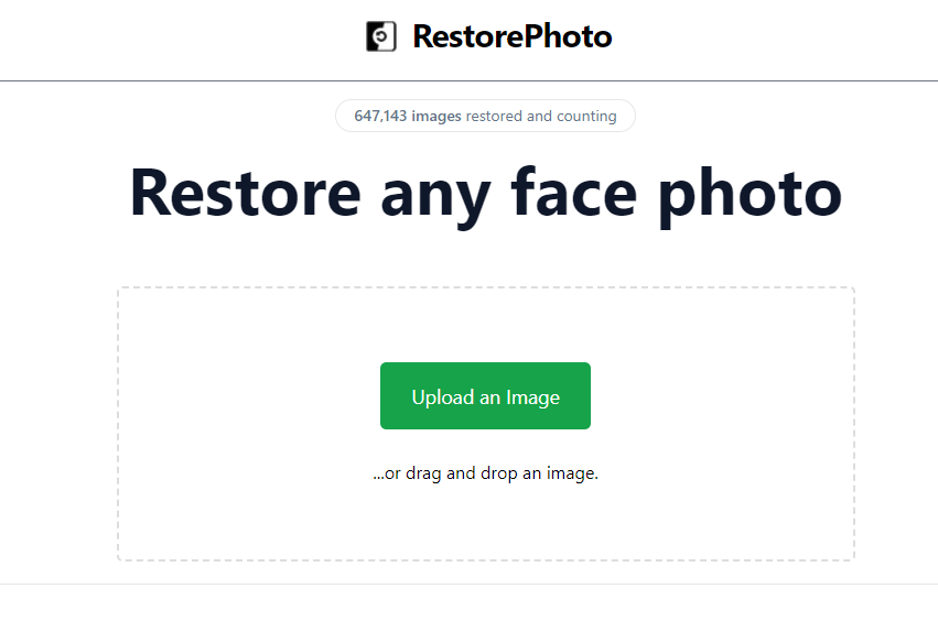 RestorePhoto's dashboard for AI photo restoration.