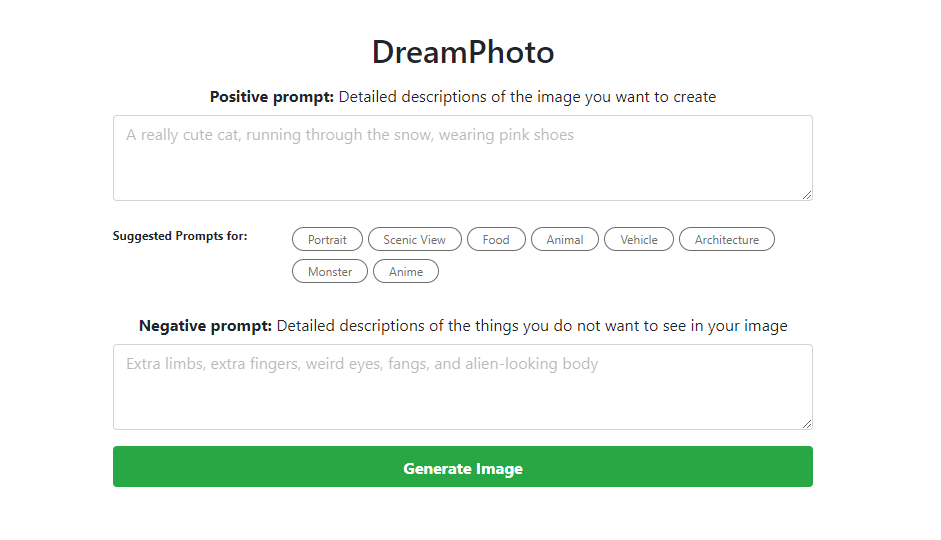 A screen capture of DreamPhoto's dashboard to start using the AI picture generator.