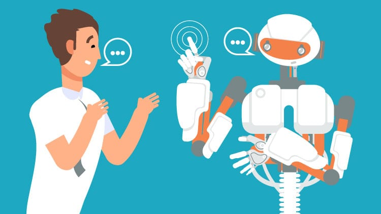 A man and a robot using the translated text in AI Translate to communicate.