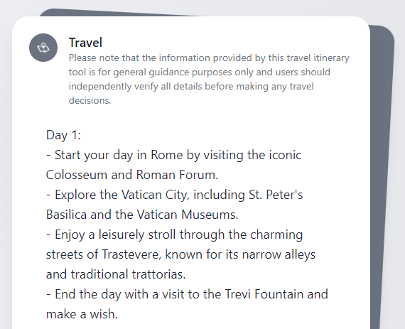 AI Trip Planner request result.